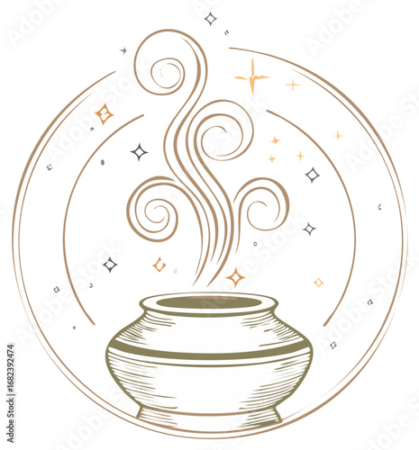 Brewing magic cauldron with mystical steam, decorative swirls, and shimmering sparkles in a circular design