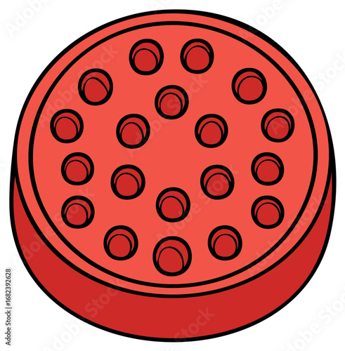 Red circular toy building block with multiple circular holes