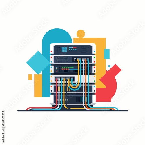 Cloud server rack with cables  Minimal Flat Vector Illustration for software development, IT support, apps, templates, and brandless design