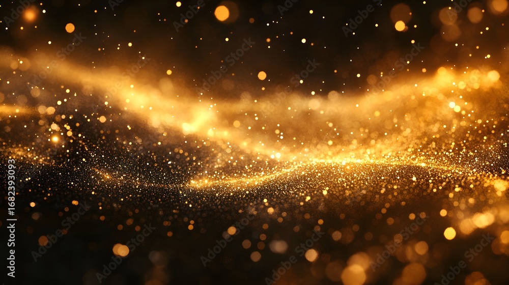 Fototapeta premium A shimmering golden dust cloud with bokeh lights floating in a dark and hazy atmosphere view