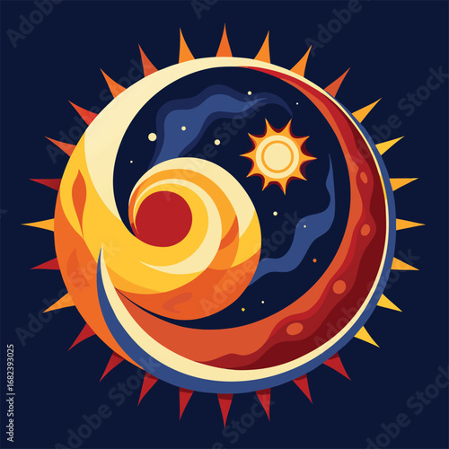 Crescent moon and blazing sun spiral design
