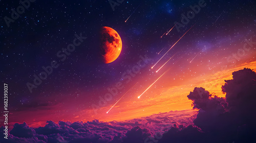 nursery celestial wall art A vibrant celestial scene with meteors and moon. dreamy moon and star decor cute sleepy night wallpaper