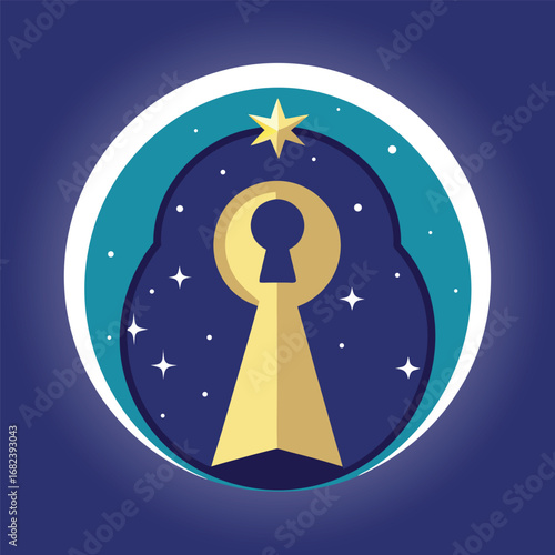 Crescent moon keyhole glowing with starlight