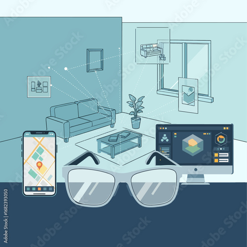 AR glasses scanning room objects  Minimal Flat Vector Illustration for software development, IT support, apps, templates, and brandless design
