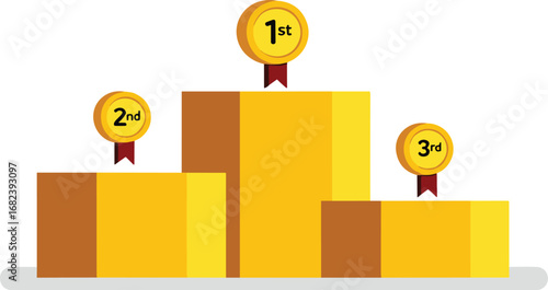 Flat design winner podium vector illustration, 1st 2nd 3rd medals on yellow stage, competition ranking concept, award platform design