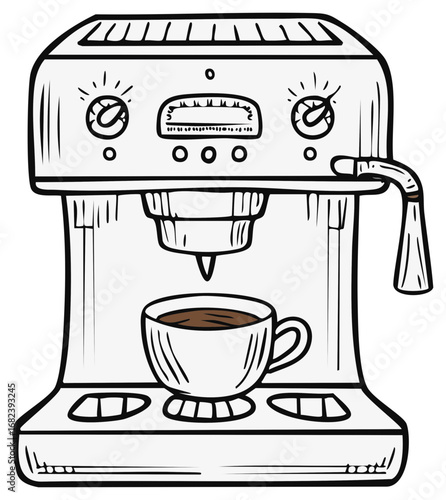 Vintage style illustration of an espresso machine brewing coffee into a cup