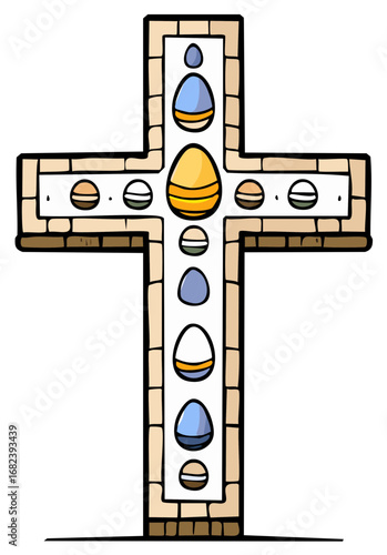 Christian Cross with Colorful Easter Eggs and Stone Border