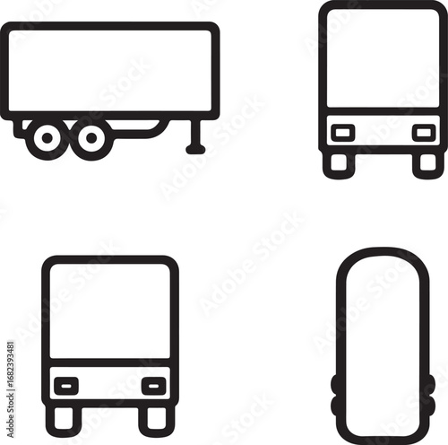 Cargo Trailer Silhouette Line Art Icons Set Side, Front, Back, and Top Views Vector Illustration