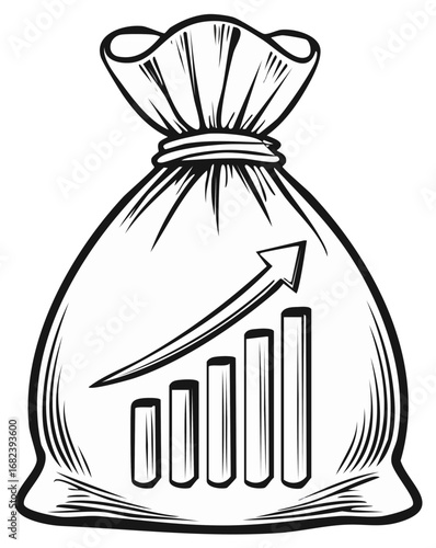 A black and white illustration of a money bag with a rising graph arrow and bar chart.
