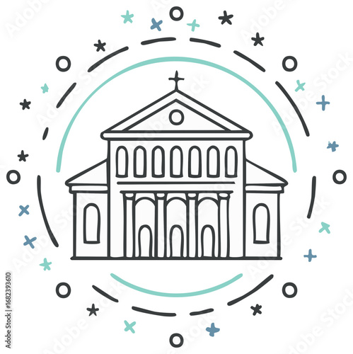 Christian church or cathedral building doodle style line art icon