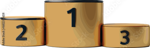 Golden wooden winners podium vector illustration, 1st 2nd 3rd place cylinder stage for competition, sports award platform, minimal design
