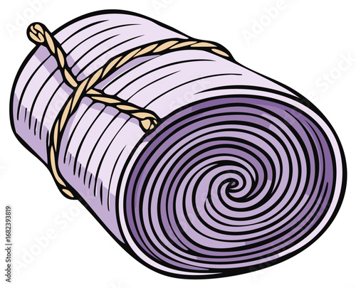 Rolled Up Lavender Exercise Mat Secured with Rope for Fitness and Gym Use in Still Life Concept Art