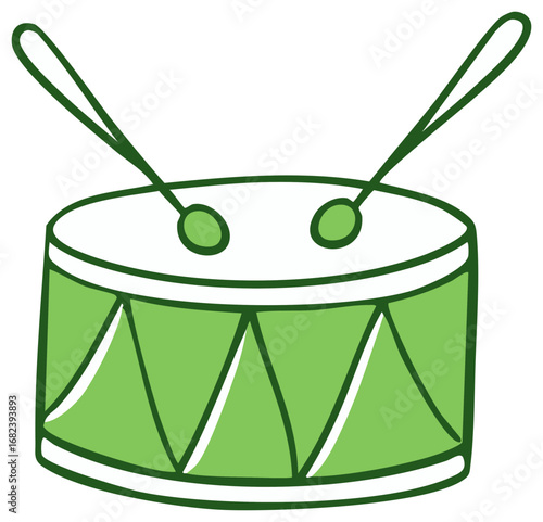 Whimsical Green Drum with Sticks, Musical Instrument Illustration for Kids and Cartoon Style