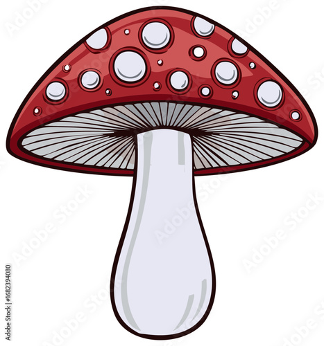 Cartoon illustration of a classic red and white spotted toadstool mushroom