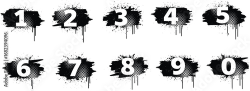 Grunge spray paint numbers vector set, stencil graffiti style digits 0–9, urban street art design elements with drips and splatter effect
