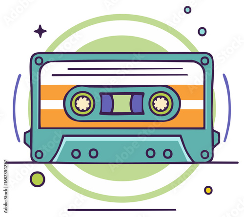 Retro cassette tape with vibrant orange and teal colors and playful graphic elements