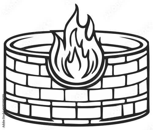 Burning Fire Pit Illustration Design Featuring Brick Construction Detailing and Vivid Flames