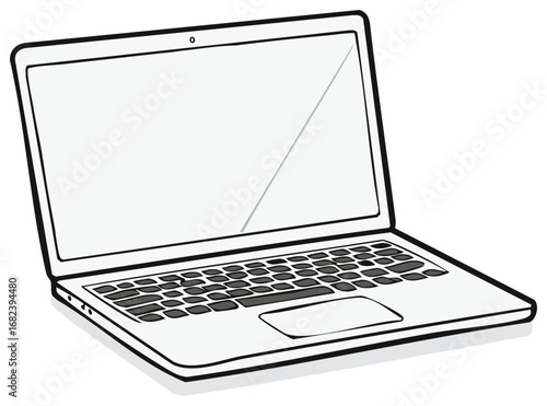 A clean line drawing illustration of an open laptop computer with a blank screen.