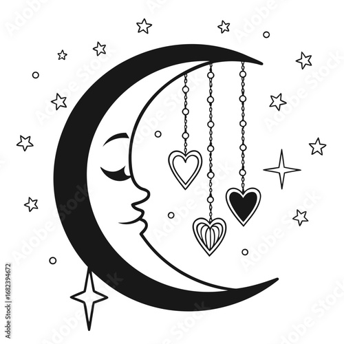 Moon and Hanging Hearts