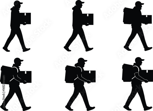Person carrying package silhouettes, walking with box vector, delivery worker artwork, manual labor posture, logistics transport scene, courier service design, goods handling illustration, flat style