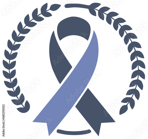 Ribbon emblem with leaves around it, a symbol of awareness and support.