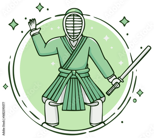 Martial artist in protective gear and holding a sword in a dynamic pose with festive sparks