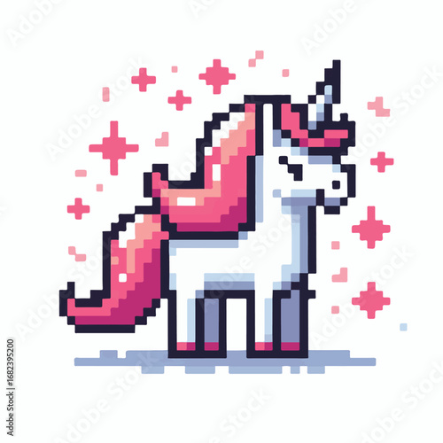Pixel Art Unicorn with Pink Mane in Retro 8-Bit Style