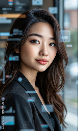 Wallpaper Mural Asian woman with medium-length, wavy hair, looking directly at the camera with a soft smile, as floating business data points Torontodigital.ca