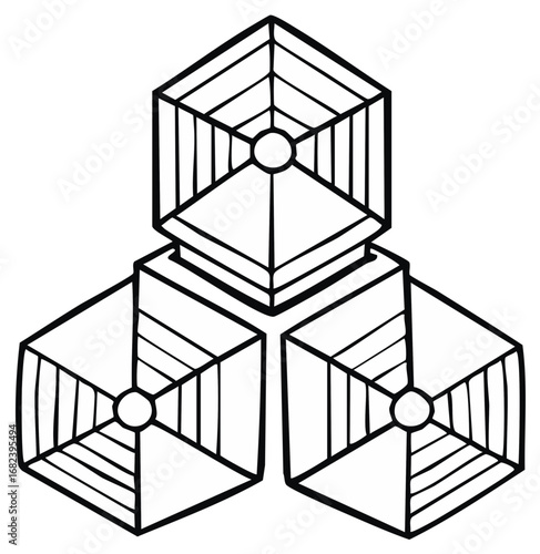 Traditional Japanese emblem of three geometric paper umbrellas kamon symbol line drawing