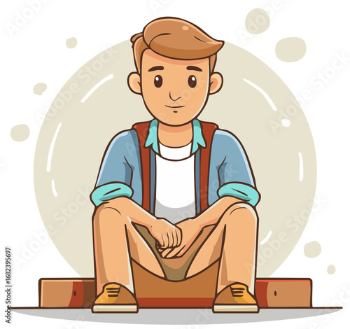 Smiling young man character sitting wearing backpack and casual clothes cartoon