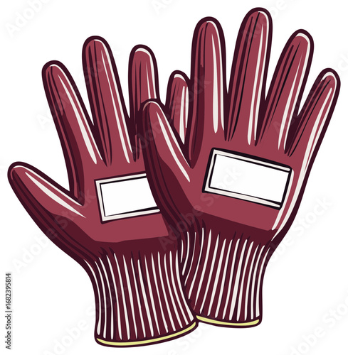 Maroon Work Gloves Illustration Pair of Protective Handwear Gloves with Label and Ribbing Detail Graphic Element