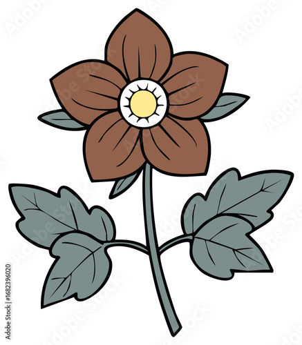 Brown flower with yellow center and grey leaves cartoon style
