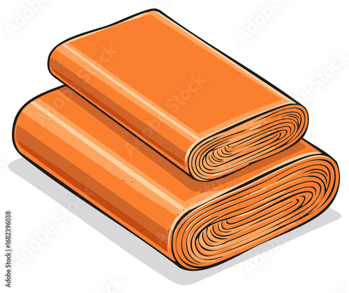 Rolled orange fabric rolls stacked on white isolated background in isometric view. Material for sewing and crafts.