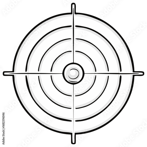 Monochrome cartoon illustration of a gun scope sight with crosshairs and target rings