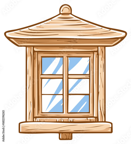 Cartoon illustration of a wooden Japanese style lantern window with a roof