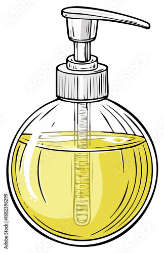 Soap dispenser illustration of a yellow liquid in a round glass bottle, hand-drawn style.