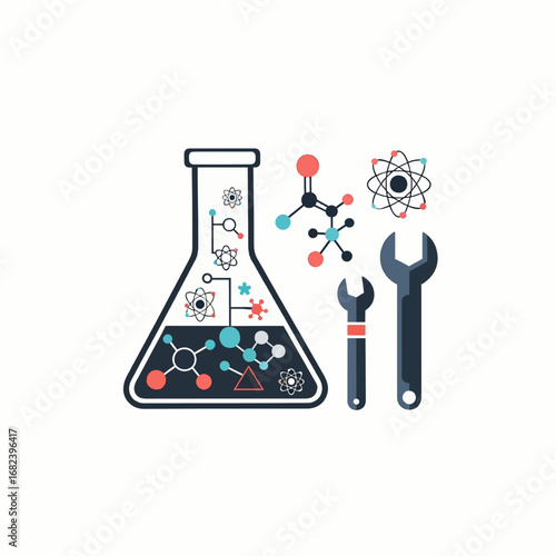 Lab flask with molecules and atoms  Minimal Flat Vector Illustration for science, research, laboratory, templates, and brandless design