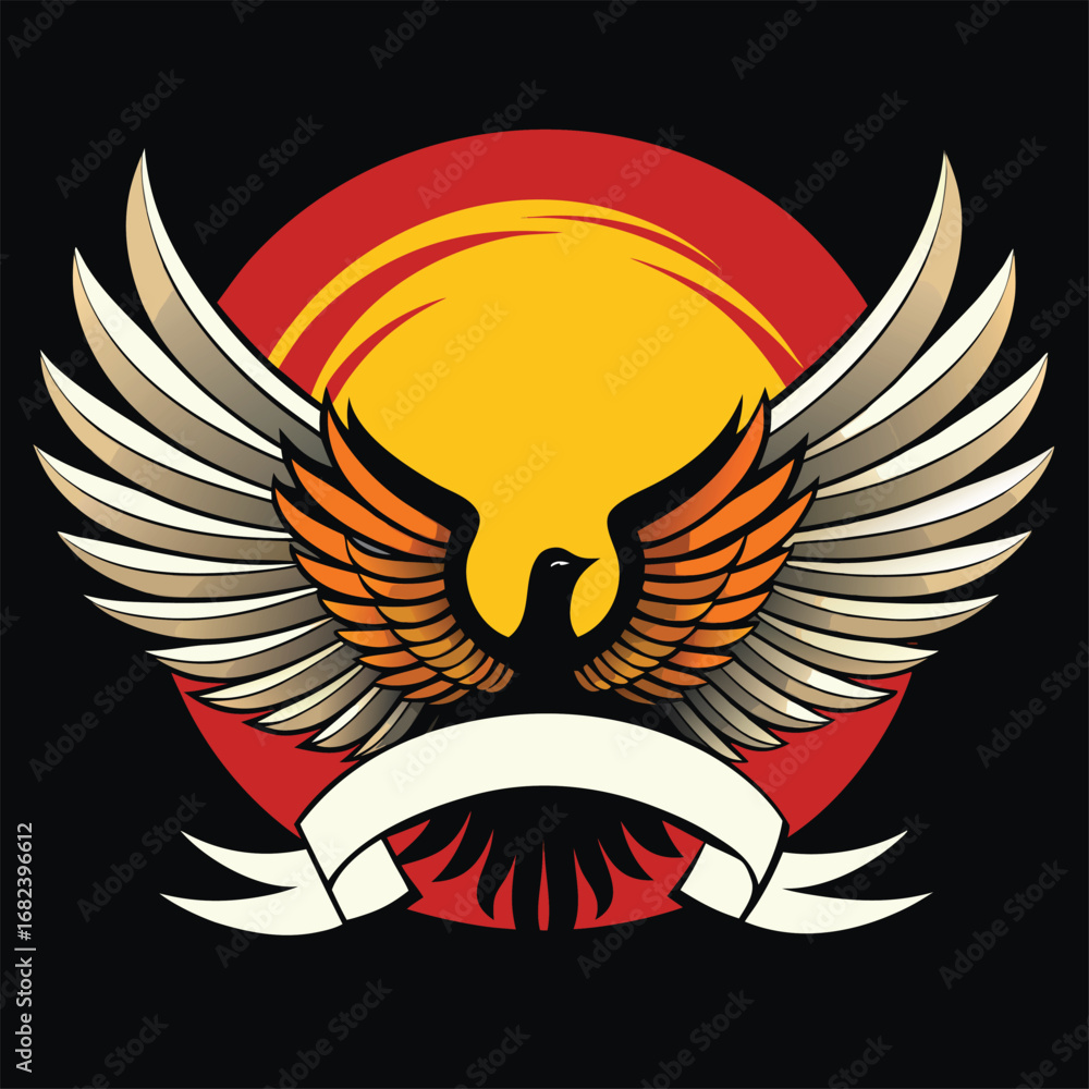 Fototapeta premium Eagle wings wrapping around rising sun disk