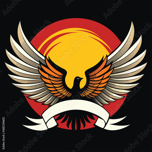 Eagle wings wrapping around rising sun disk