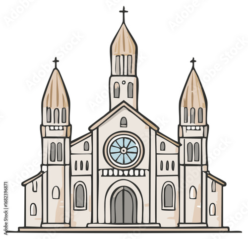 Hand-drawn illustration of a grand historic cathedral with three towers and a rose window