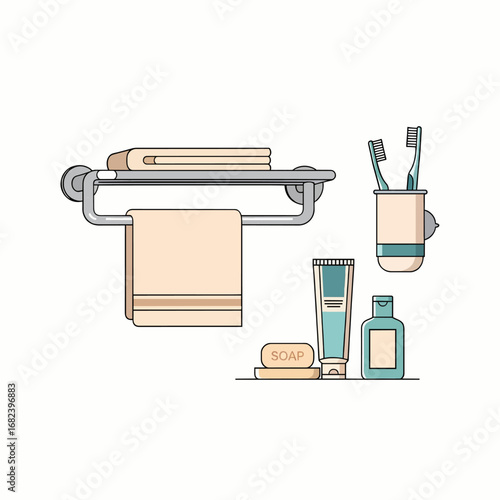 Bathroom toiletries and towel rack  Minimal Flat Vector Illustration for home, interior, cleaning, templates, and brandless design
