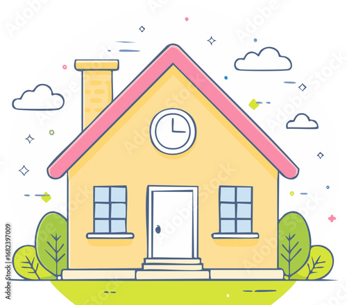 A cheerful cartoon house with a pink roof a chimney and a prominent clock under cloudy skies