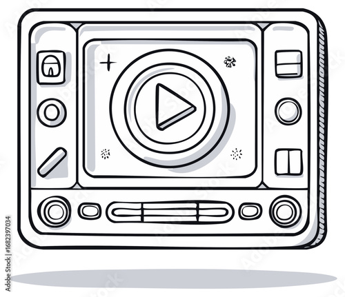 Cartoon illustration of a black and white media player with buttons and a play icon