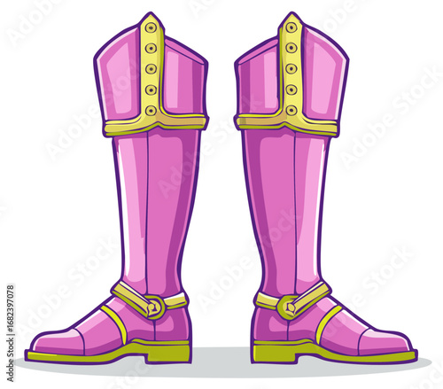 Cartoon style pink and yellow knee high boots with golden accents and buckle detail