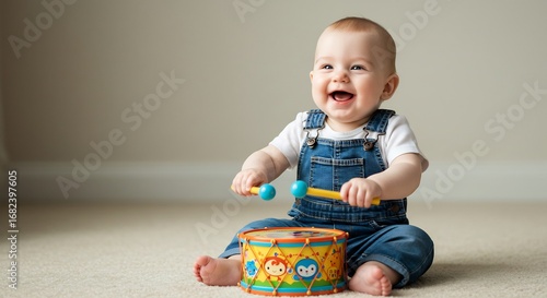 Joyful baby plays toy drum bathed in soft light. AI Generated