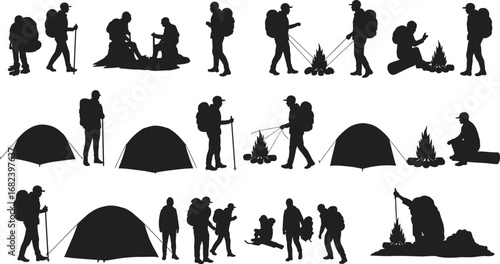 Camping silhouette, hiking silhouette, outdoor adventure, tent, campfire, forest trekking, wilderness survival, backpacker illustration, camping activity, hiking exploration, nature