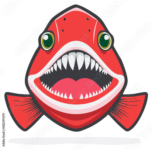 Aggressive Red Fish with Sharp Teeth and Open Mouth Illustration