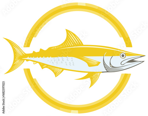 Barracuda fish emblem with golden circle, sea animal illustration for fishing or marine theme.