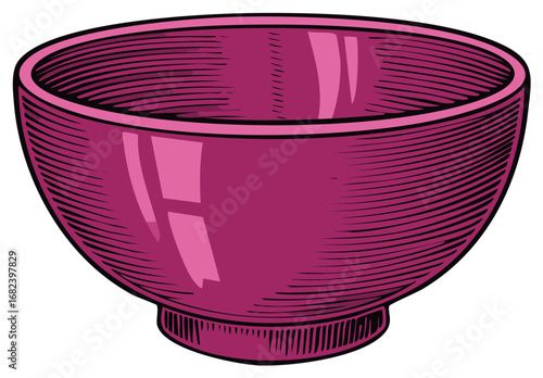 Engraved illustration of a burgundy bowl with textured detailing isolated for design use