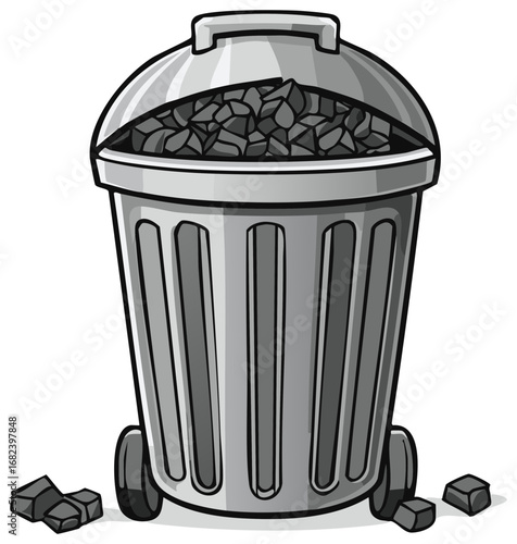 Gray wheeled trash can filled with debris illustration